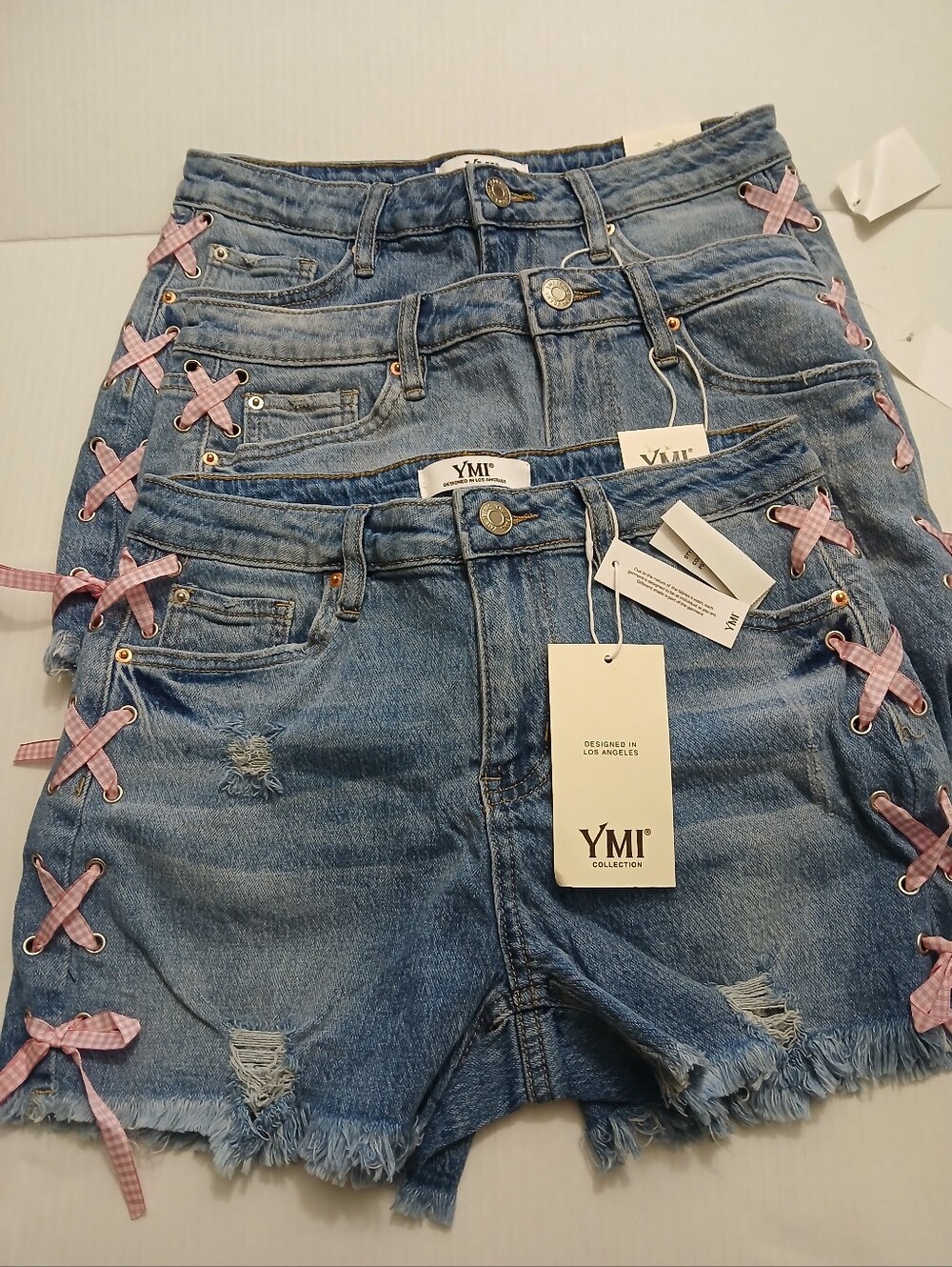 YMI 98% Cotton Light Blue Denim Shorts with Pink Gingham Lace-Up $18 - Picture 12 of 12